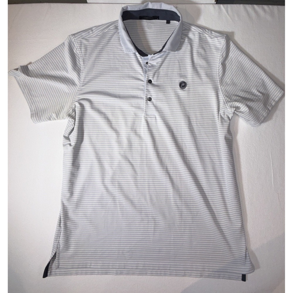 Greyson Golf Polo Shirt Mens Large L Blue White Striped Performance Wolf Logo
